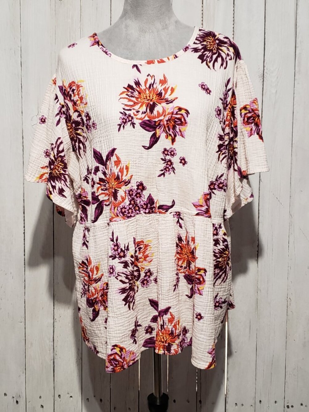Terra Sky 1X Top Floral Baby Doll Gauze Cottage Romantic Whimsy Boho Chic Airy - Picture 2 of 8
